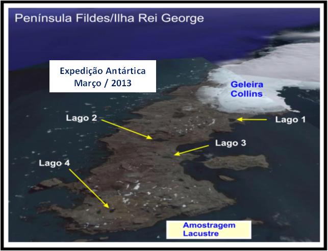 Figura 1: Lagos glaciais selecionados <br />para o estudo na Península Fildes, Ilha Rei George.