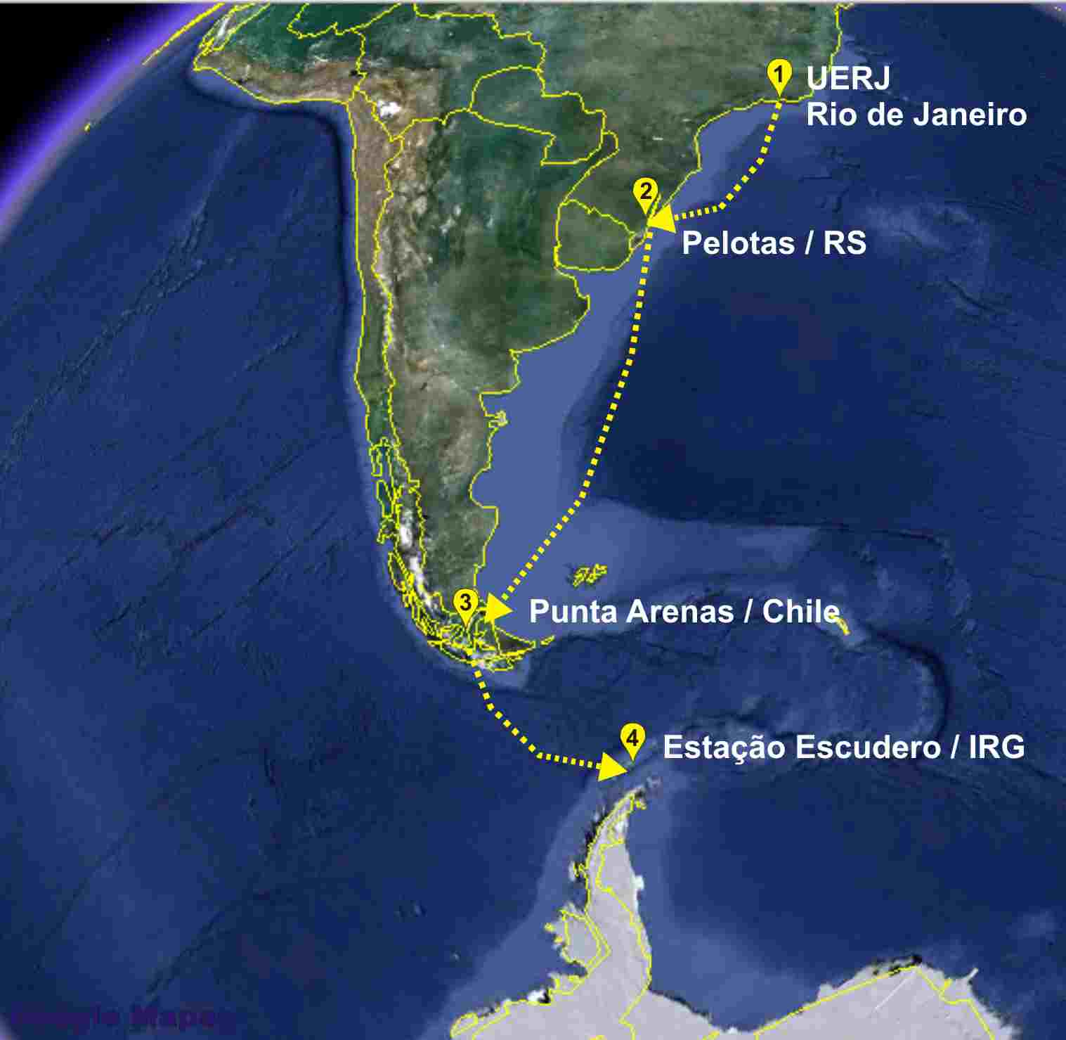 Percurso realizado pela equipe de pesquisa da UERJ a caminho da Ilha Rei George (IRG) na Península Antártica.
