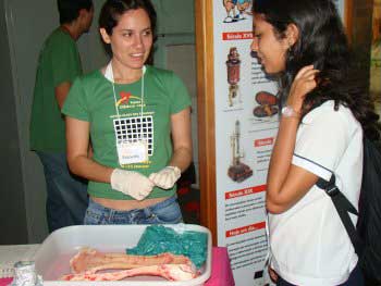 Estudante recebe informações sobre a medula óssea e a importância da doação de sangue durante visita ao Espaço Ciência e Vida